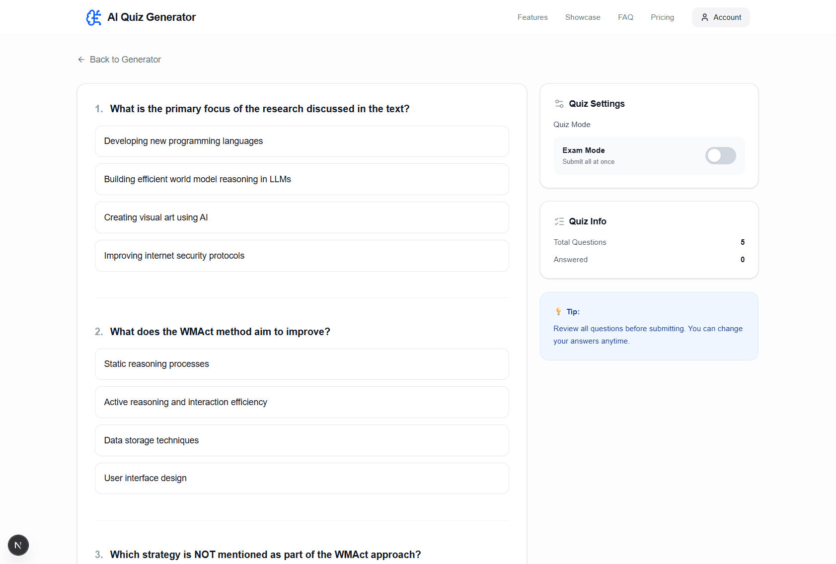 AI Quiz Generator Example - Transform PDFs into interactive quizzes